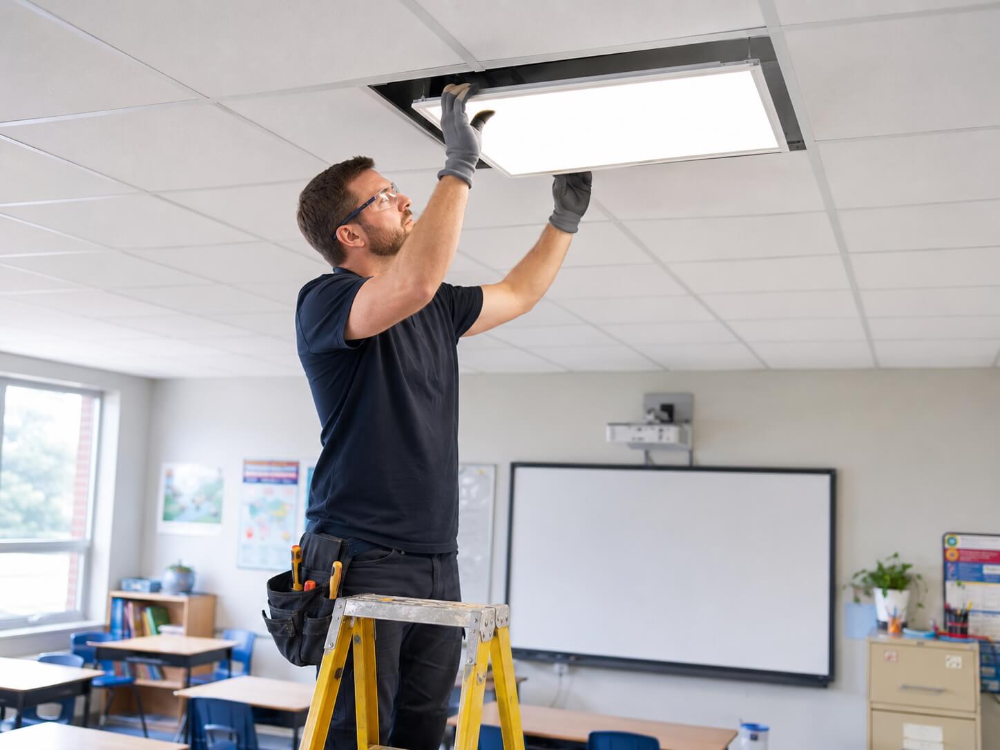Installing LED lighting in a school classroom by Lansafe